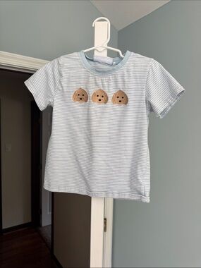 Trotter Street Kids Light Blue Striped Tee with Puppy Appliqué